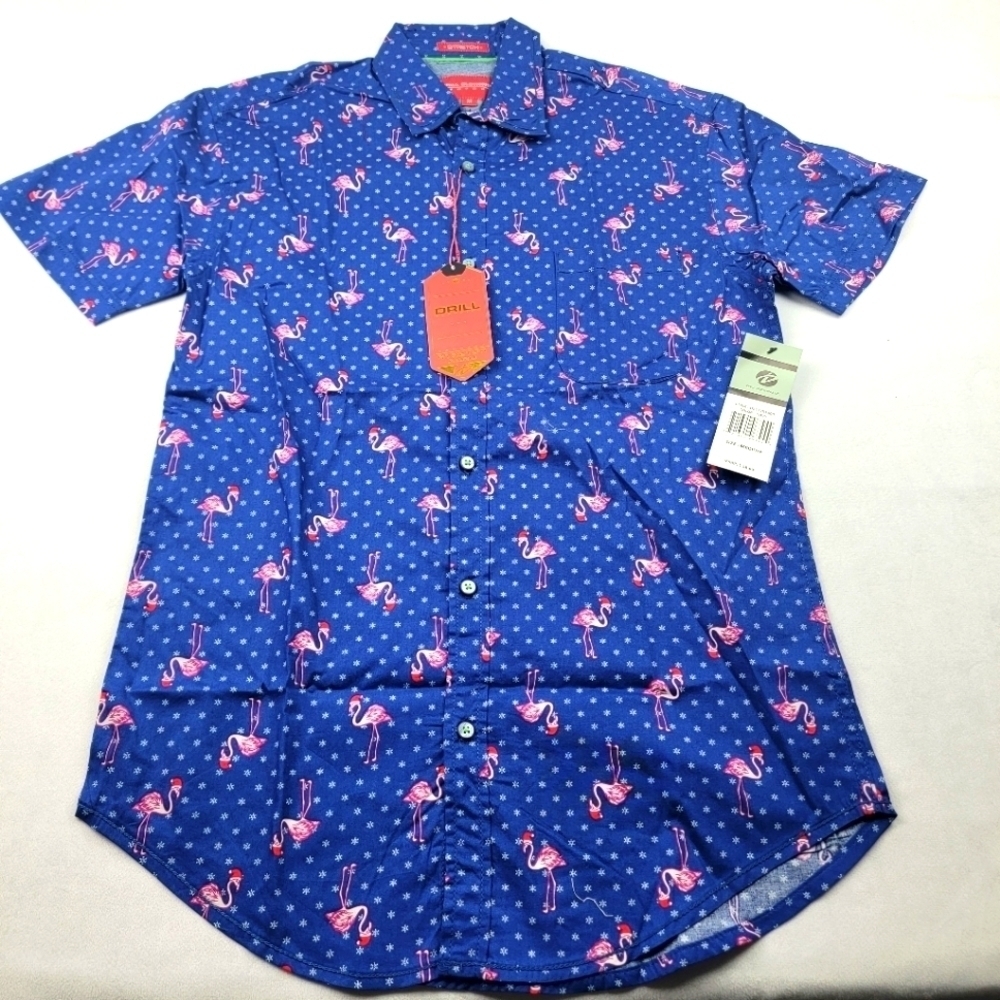 NWT flamingo with Santa hat holiday Christmas button down short sleeve shirt